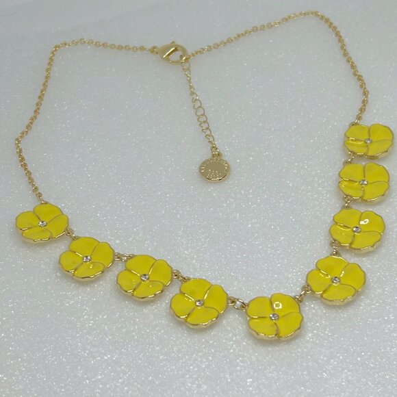 Liz Claiborne Yellow Enamel Floral Necklace With Rhinestones & Gold-Tone Chain - Picture 4 of 6